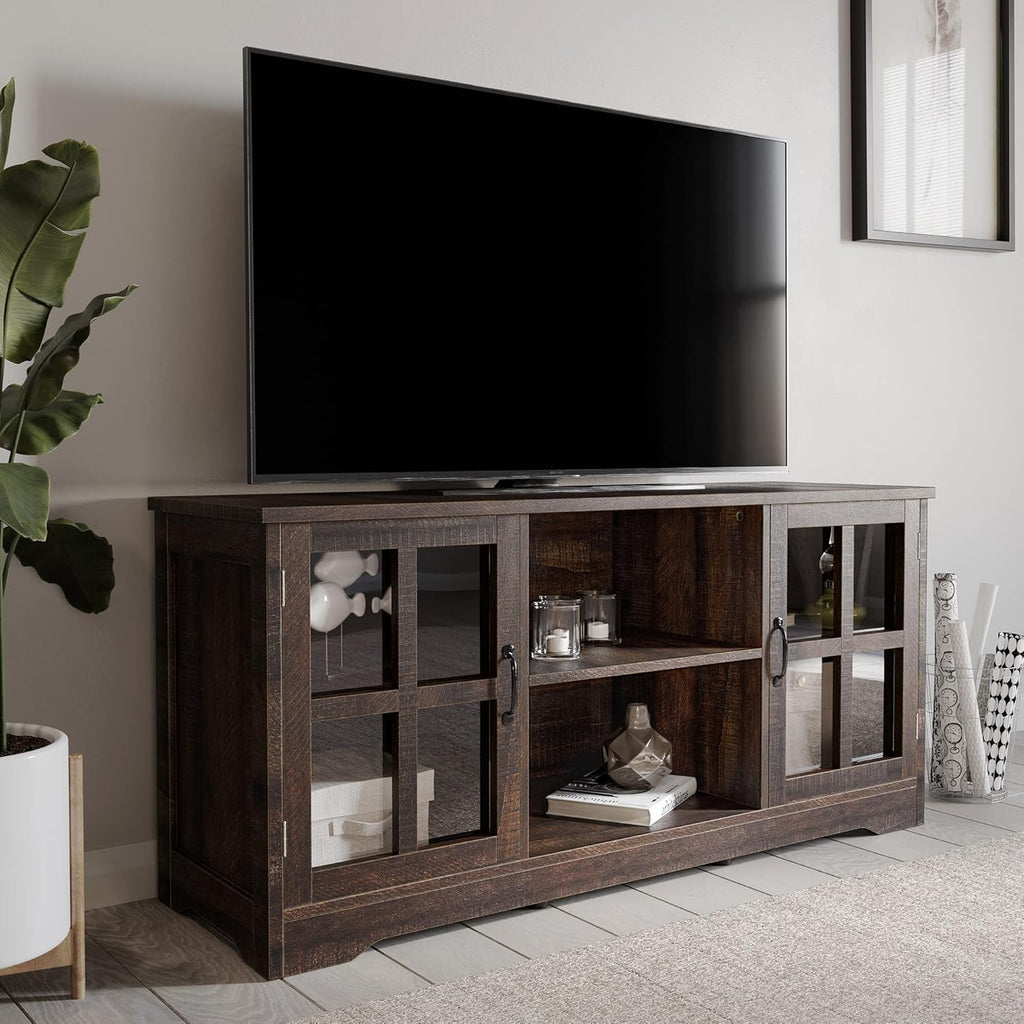 Espresso TV Stand with Wood Glass Storage Cabinets T97029