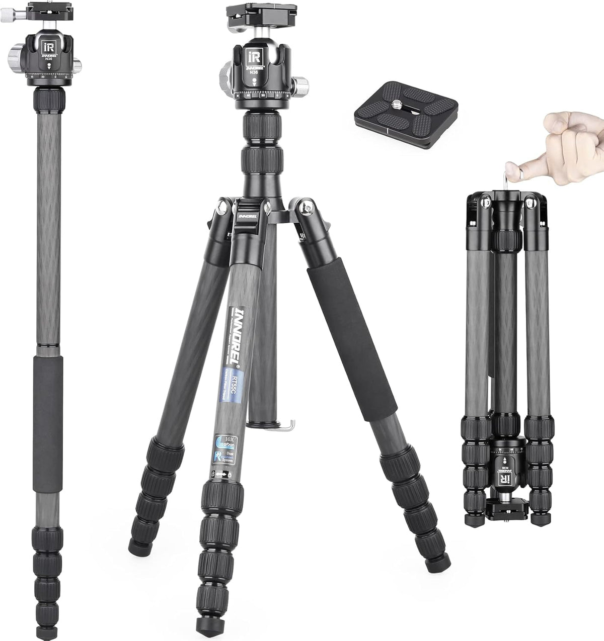 Carbon Fiber Travel Tripod Monopod with 36mm Panoramic Ball Head and Carrying Case F1600