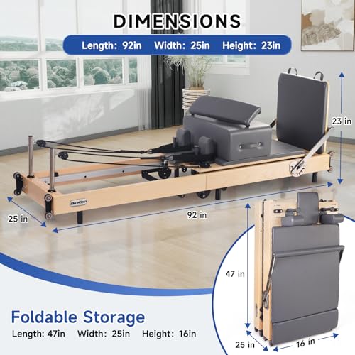 Foldable Wood Pilates Reformer with Sitting Box, Jump Board and Anti-Slip Mat Z5810