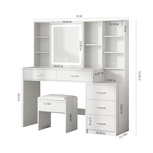 White Vanity Desk with Mirror and Lights 5 Drawers with Chair T88752