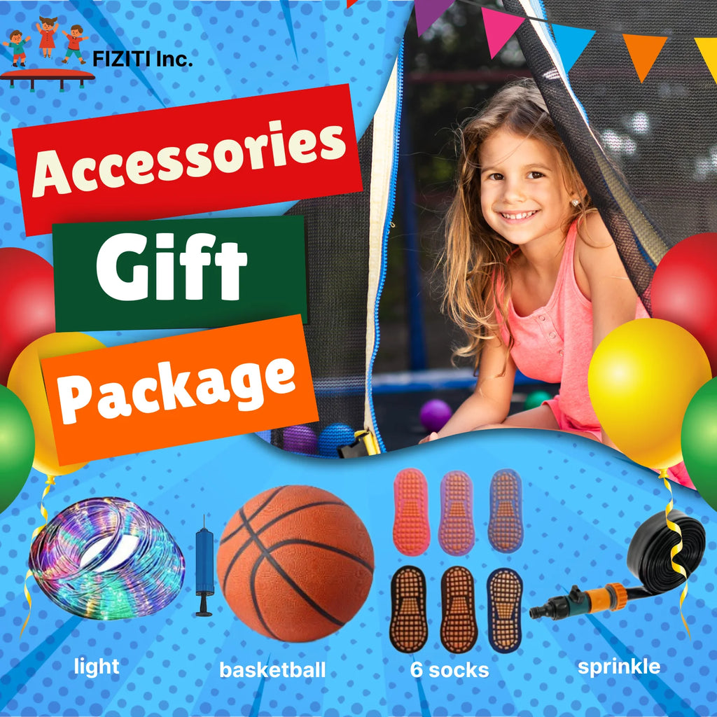 12FT Trampoline with Basketball Hoop, Enclosure Net, Sprinkler, Light, Socks, Ladder X43613