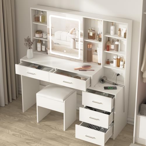 White Vanity Desk with Mirror and Lights 5 Drawers with Chair T88752