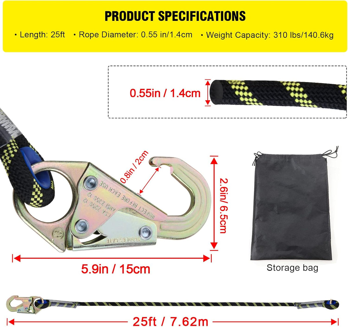 Rope Assembly 25 ft with Rope Grab Snap Hooks Shock Absorber CE Standard O694