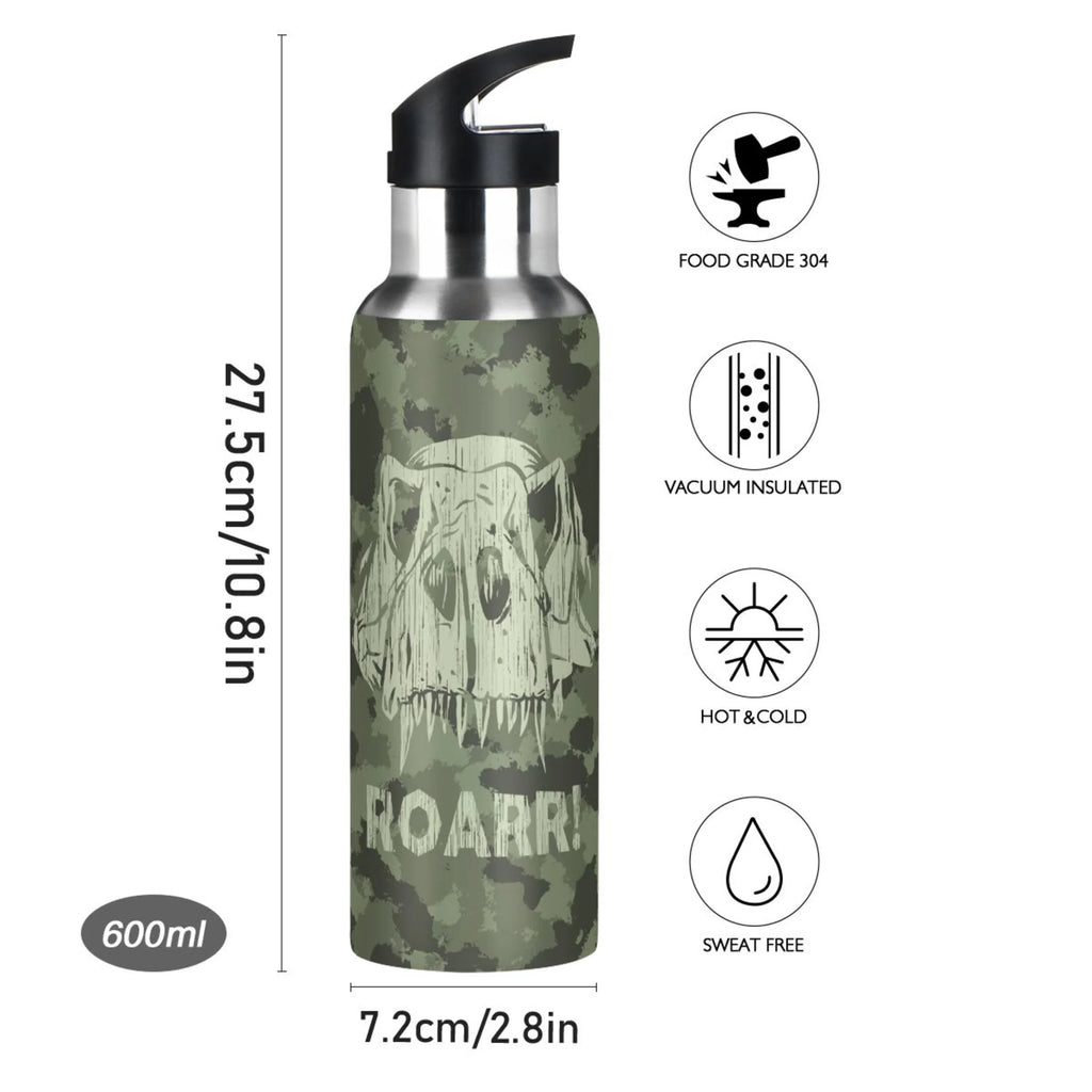Green Camouflage Dinosaurs Stainless Steel Water Bottle with Straw Lid 20 OZ L741