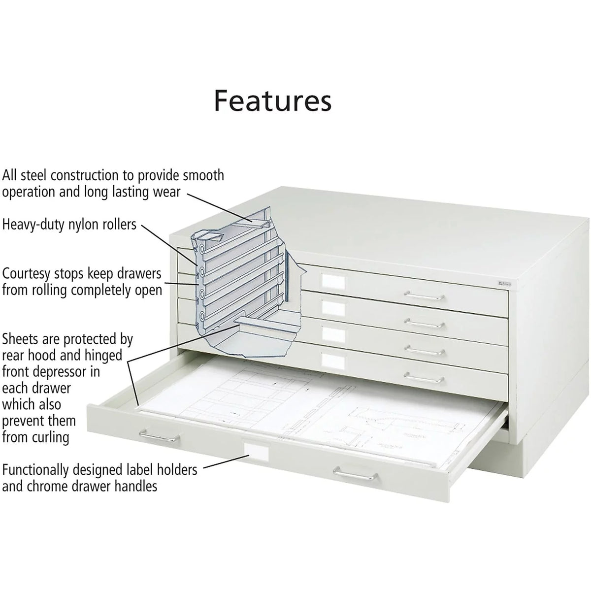 Light Gray 5 Drawer Metal Flat File Cabinet Y9403