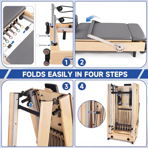 Foldable Wood Pilates Reformer with Sitting Box, Jump Board and Anti-Slip Mat Z5810