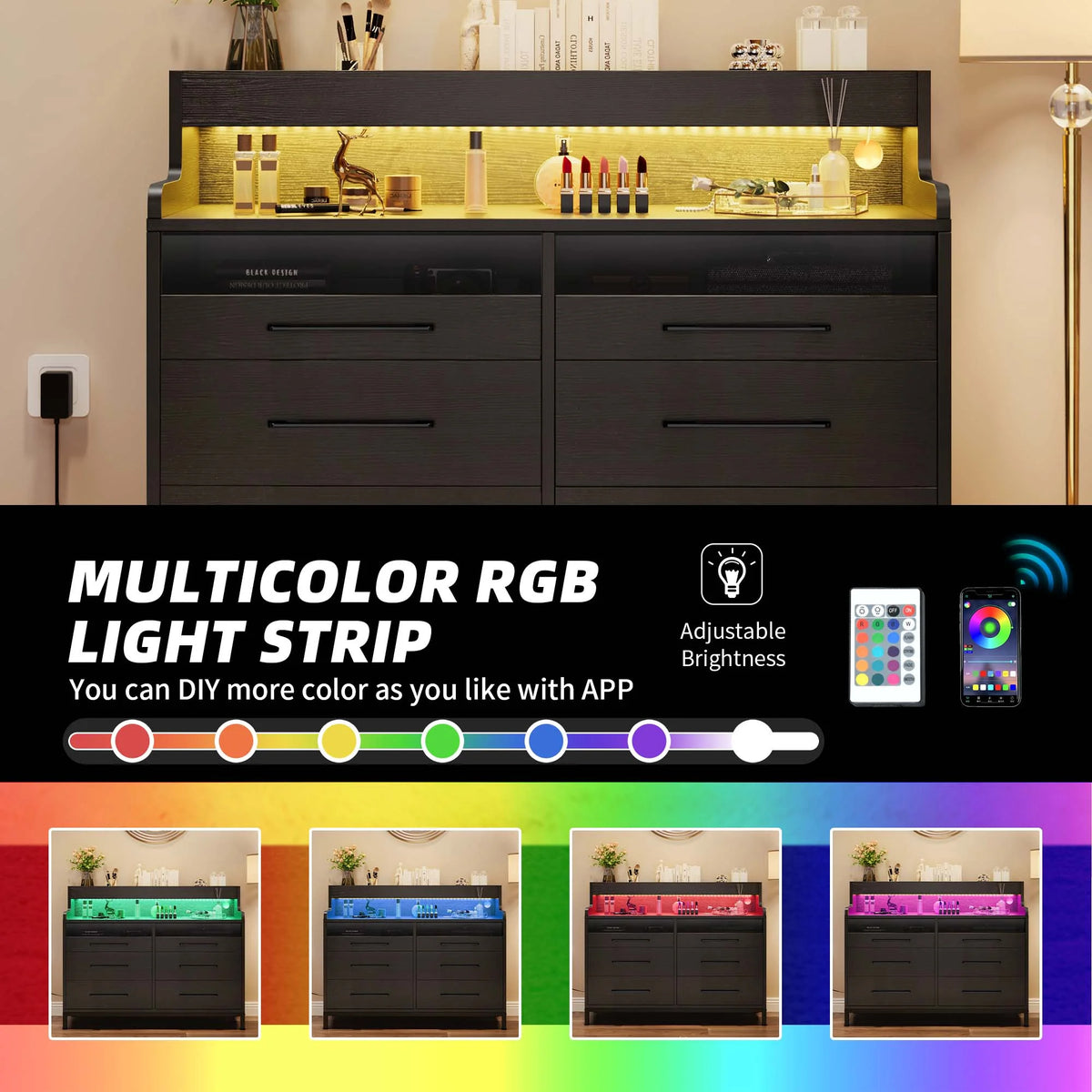 Black 6 Drawer Dresser with LED Light and Open Storage X295123