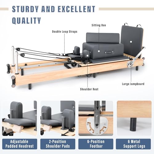 Foldable Wood Pilates Reformer with Sitting Box, Jump Board and Anti-Slip Mat Z5810