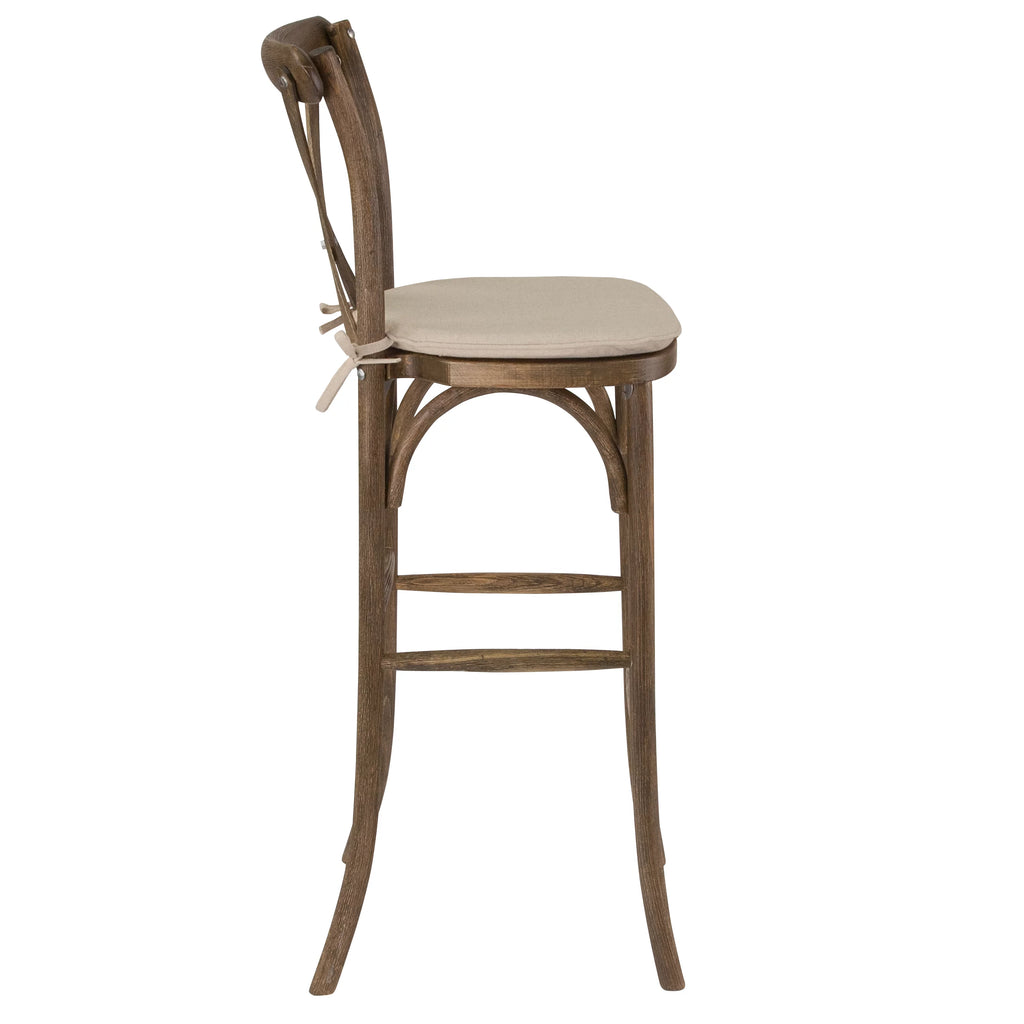 Dark Antique Wood Cross Back Barstool with Cushion P34497