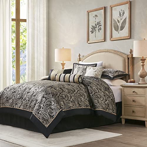 Black 7 Piece Cal King Faux Silk Down Alternative Comforter Set D176