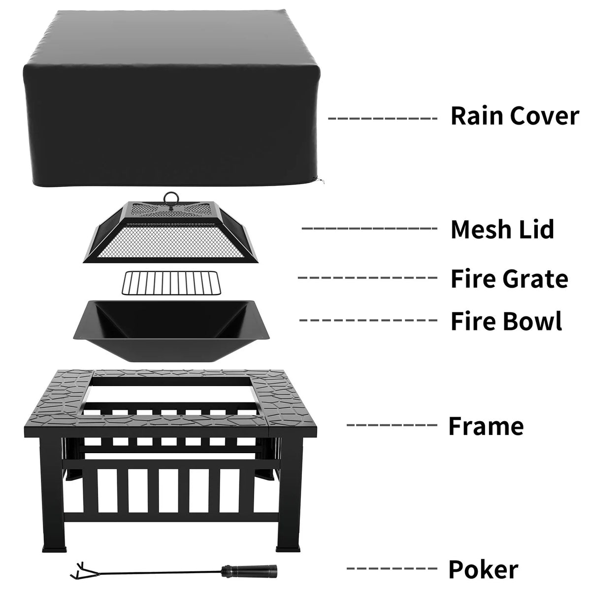 32 Square Metal Fire Pit with Cover and Poker, Black P9452