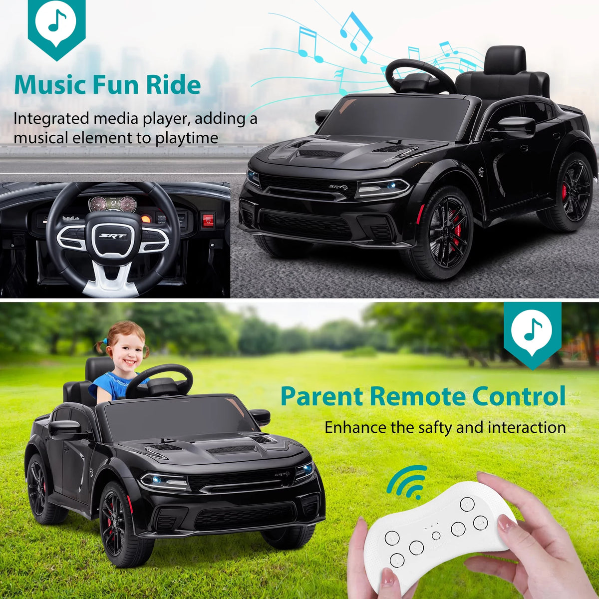 12V Black Dodge Charger Ride On Car with Remote Control J5100