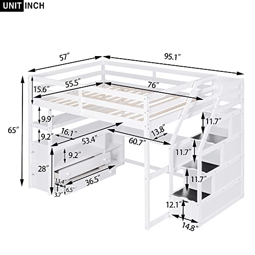 White Solid Wood Twin Loft Bed with Stairs and Desk W780