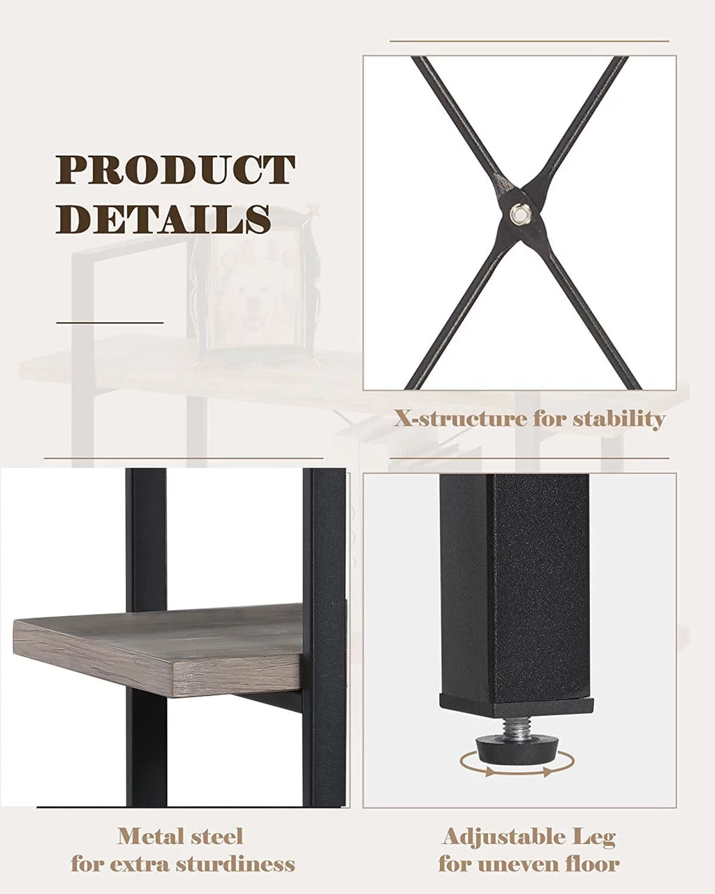 2 Tier Grey Wood and Metal Bookshelf B915