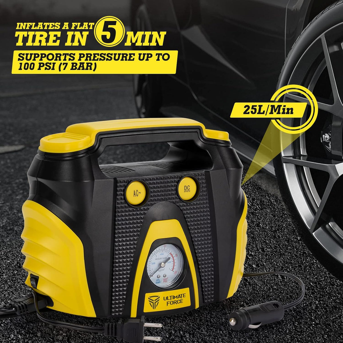 Portable Tire Inflator 12 V Air Compressor Pump with Dual Power, 3 Air Nozzle and Carrying Case, Yellow Q8656