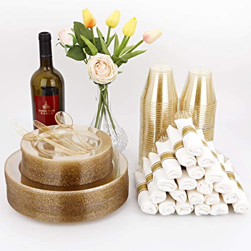 350 Pieces Gold Glitter Disposable Dinnerware Set J8423