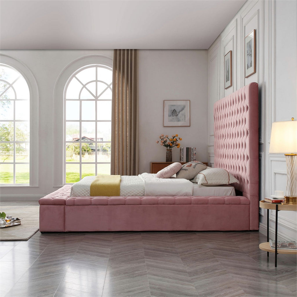 Pink Velvet Upholstered Platform Queen Bed H70561