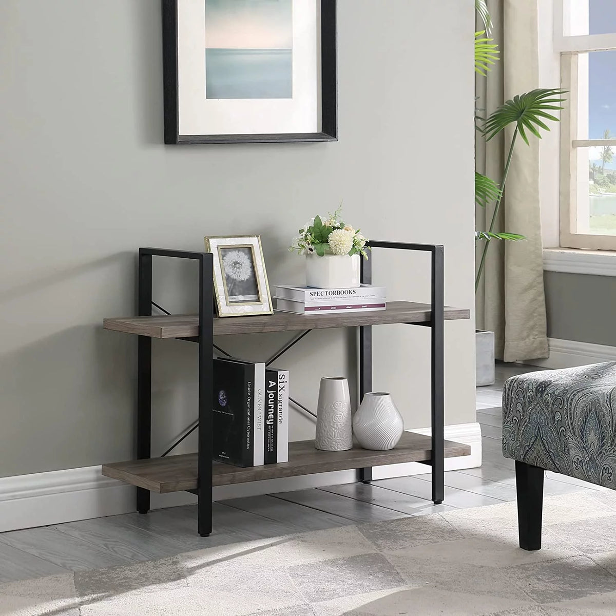 2 Tier Grey Wood and Metal Bookshelf B915