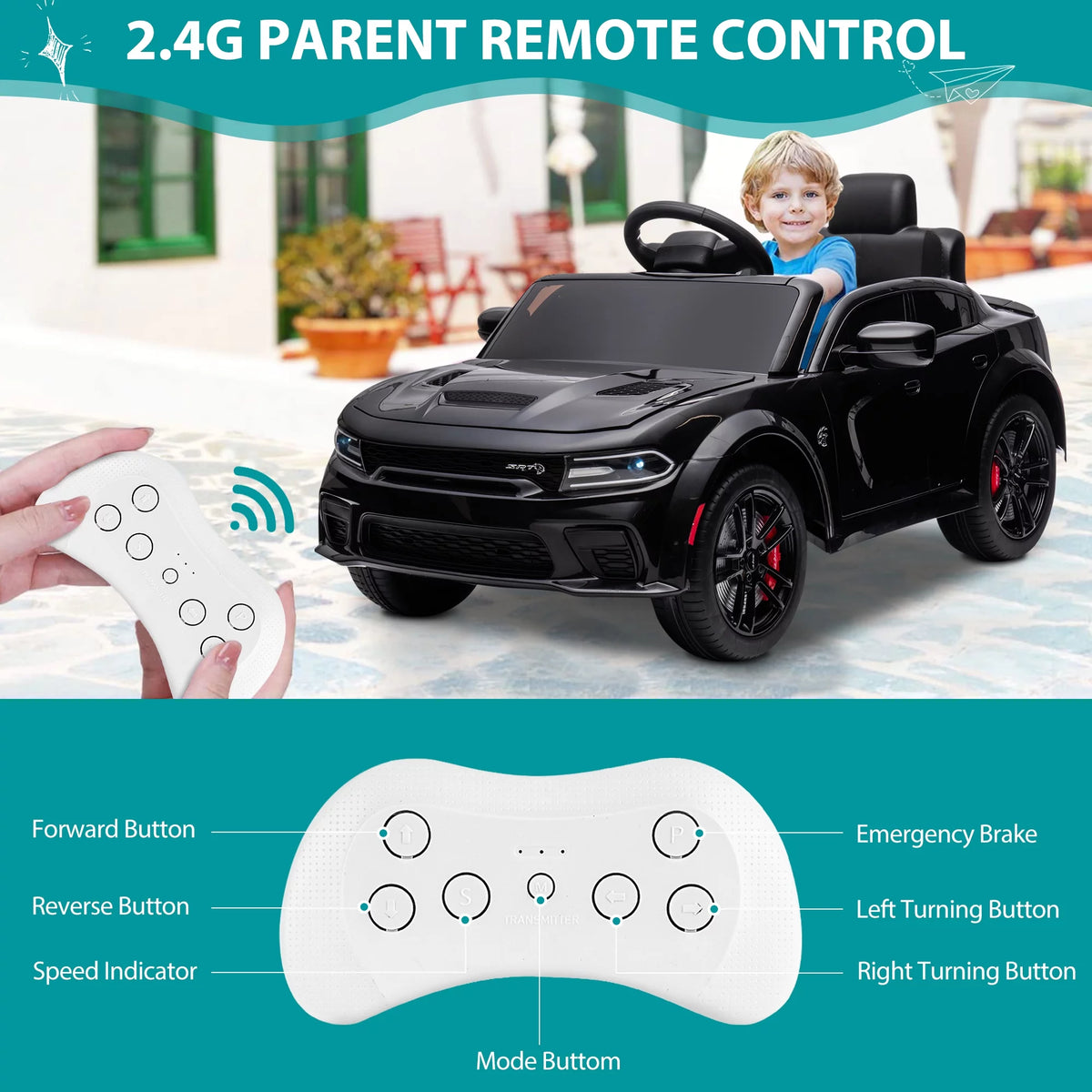 12V Black Dodge Charger Ride On Car with Remote Control J5100