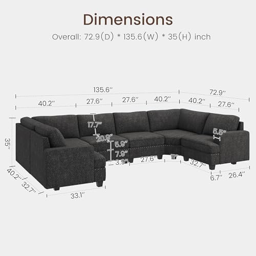 Oversized Modular Sectional Sofa, 135.6 inch, Dark Grey M786