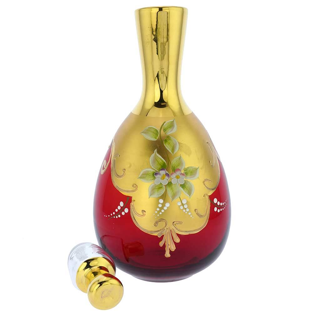 Murano Glass Decanter Set with 6 Wine Glasses 24K Gold Red M9147