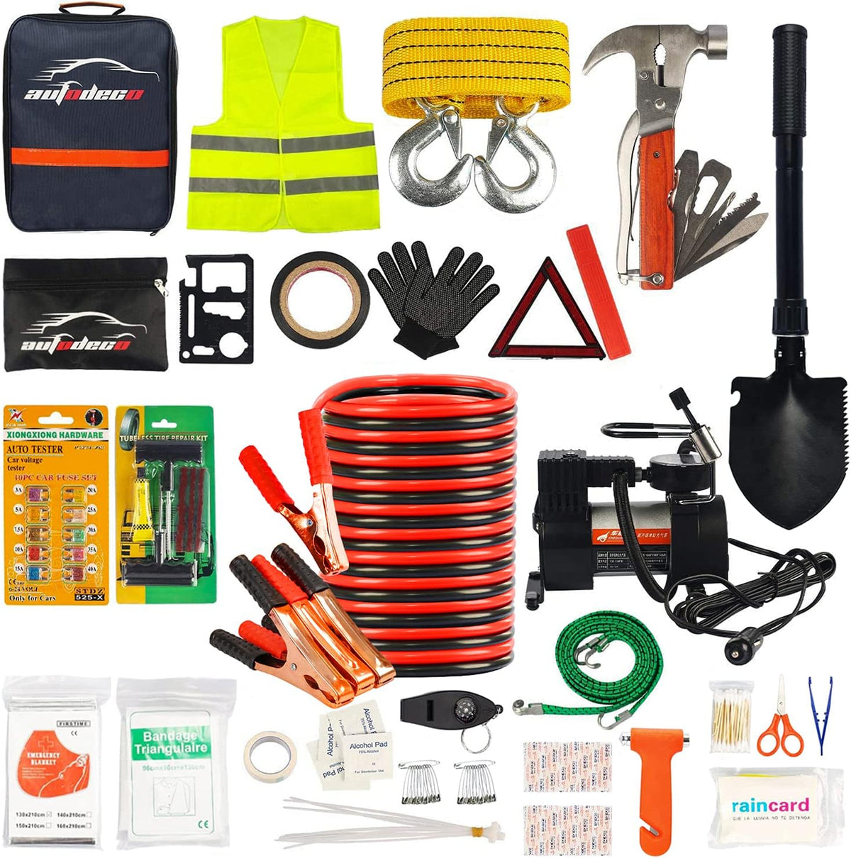 118-Piece Car Roadside Emergency Kit with Jumper Cables Portable Air Compressor Tow Strap Hammer Shovel V6267