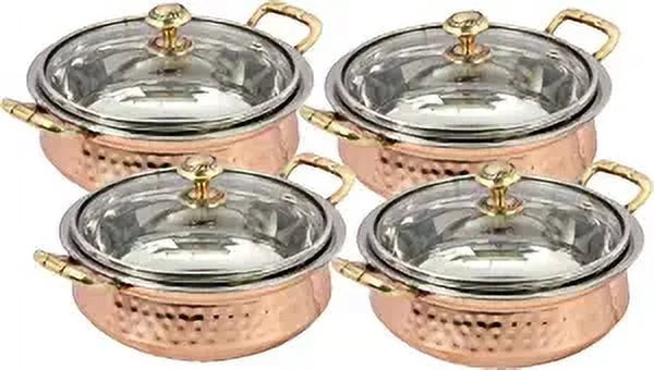 Set of 4 Hammered Copper Stainless Steel Serving Bowl with Glass Lid Q8828