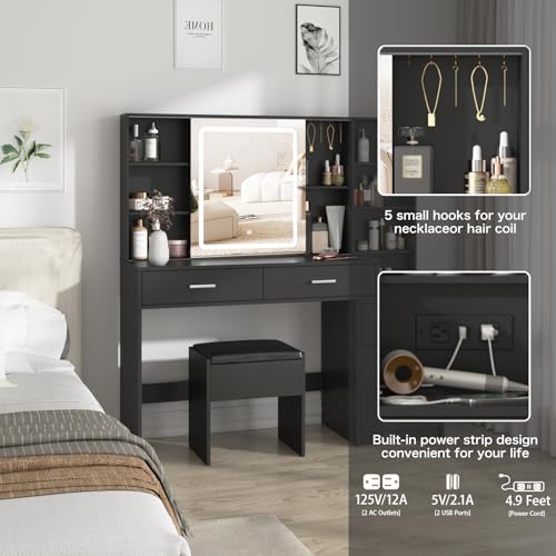 White Vanity Desk with Mirror and Lights 5 Drawers with Chair T88752