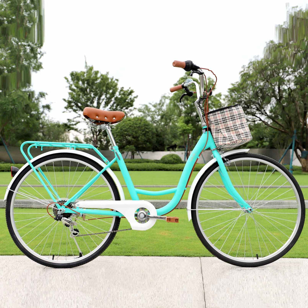 24 Inch 7 Speed Step Through Comfort Cruiser Bike with Basket Mint Green T598