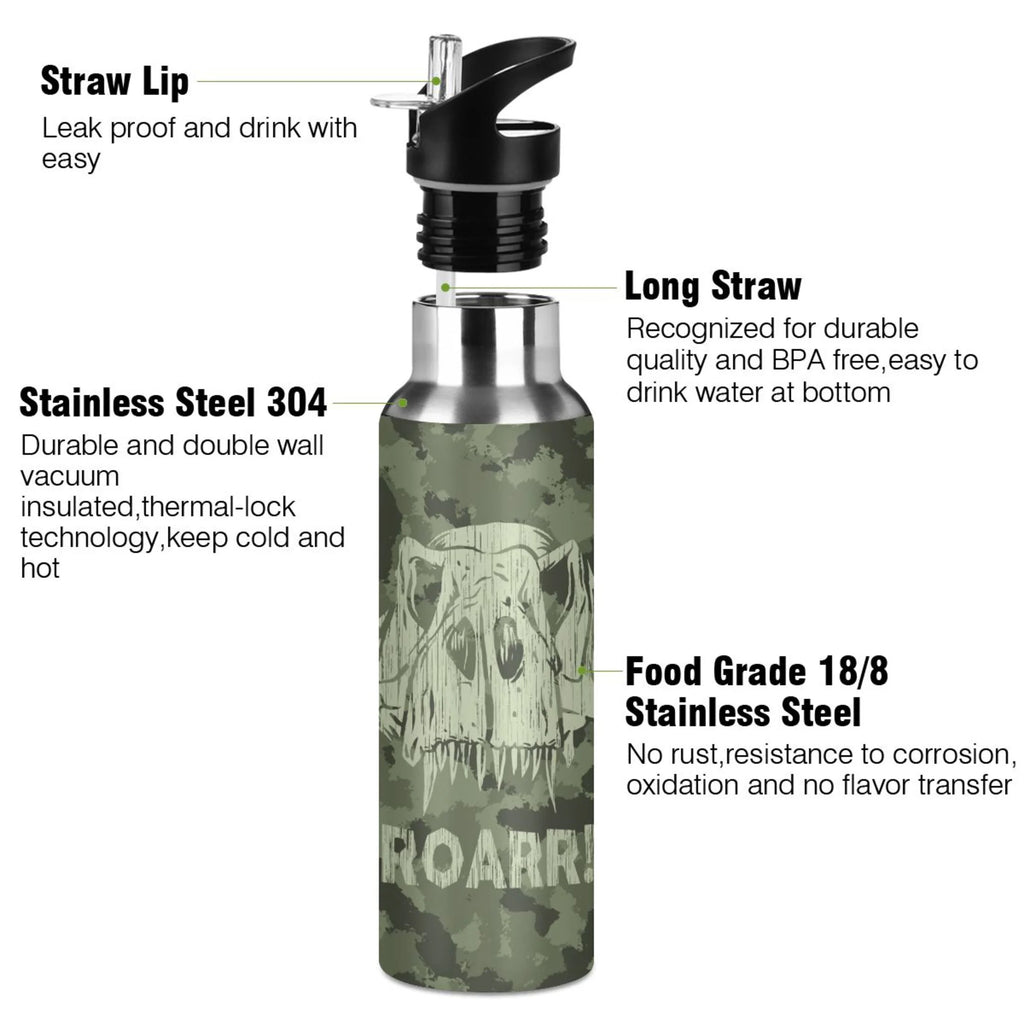 Green Camouflage Dinosaurs Stainless Steel Water Bottle with Straw Lid 20 OZ L741