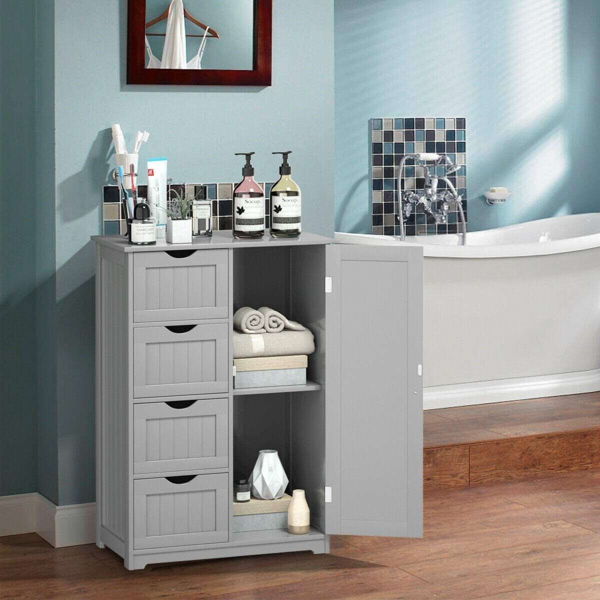 White Wooden Storage Cabinet with 4 Drawers and 1 Door A6846