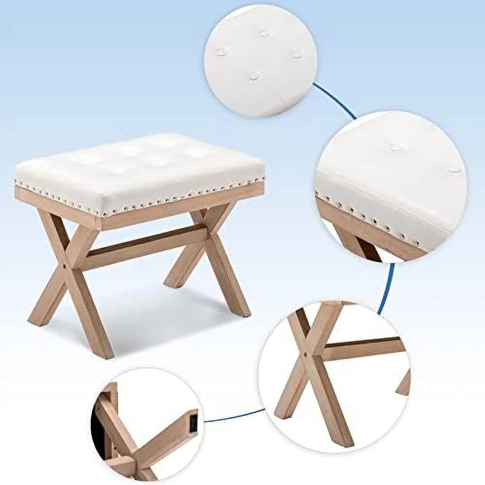 Burlap Linen Fabric Upholstered Bench Ottoman with X-Shaped Wooden Legs V2285
