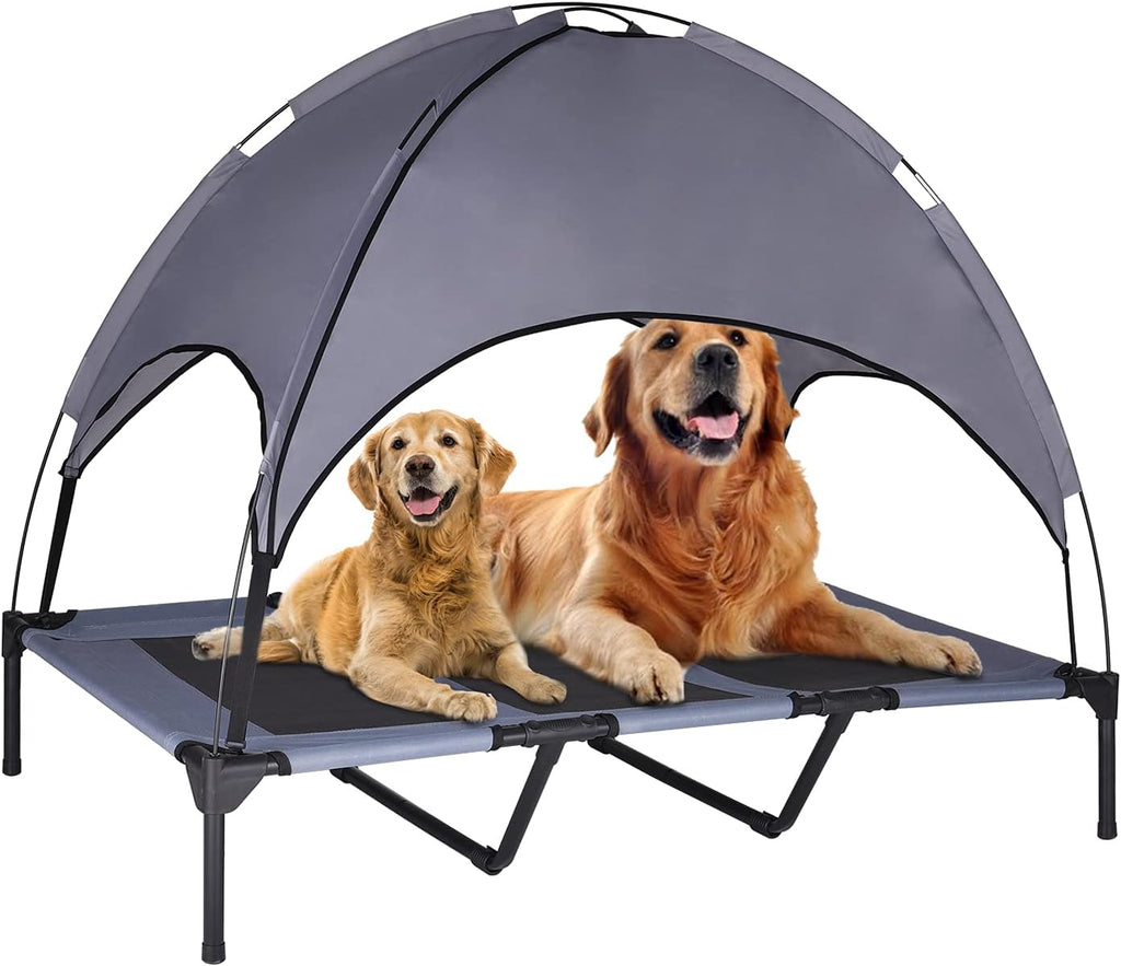 Elevated Dog Bed with Canopy, 1680D Oxford Fabric Raised Mesh Cot, Grey S520