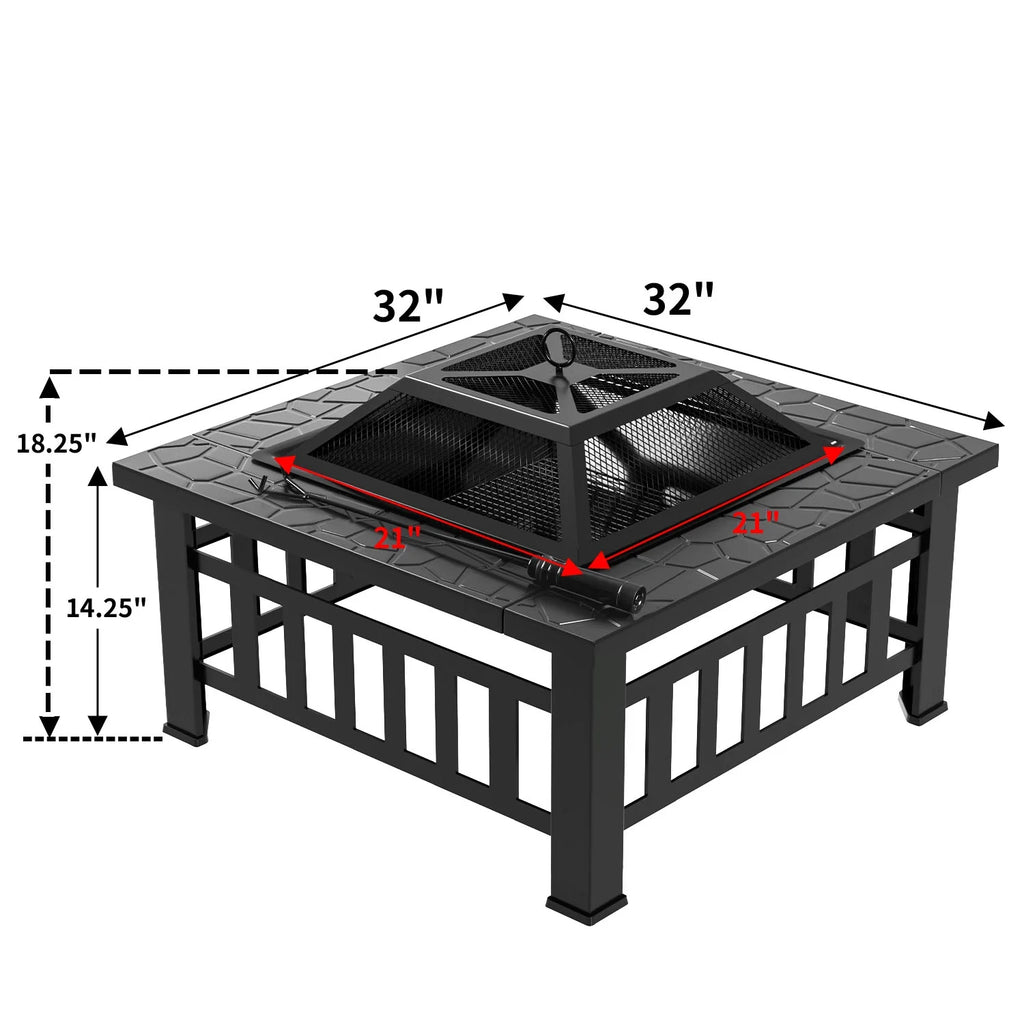 32 Square Metal Fire Pit with Cover and Poker, Black P9452