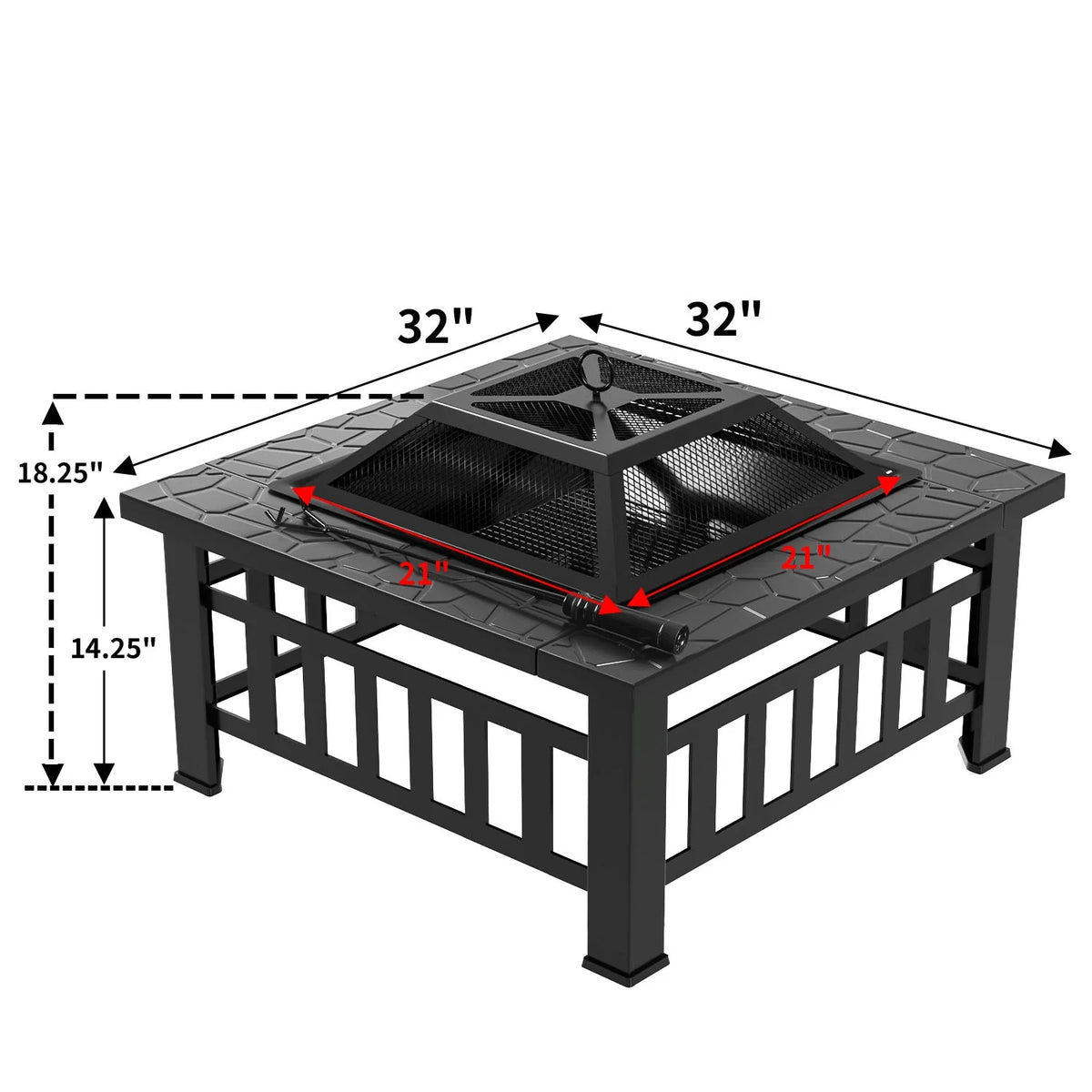 32 Square Metal Fire Pit with Cover and Poker, Black P9452