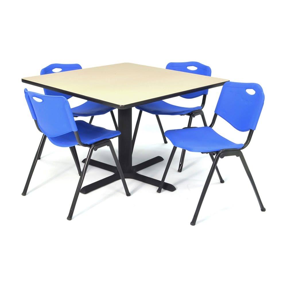 Beige Square Breakroom Table with 4 Blue Stack Chairs N7037