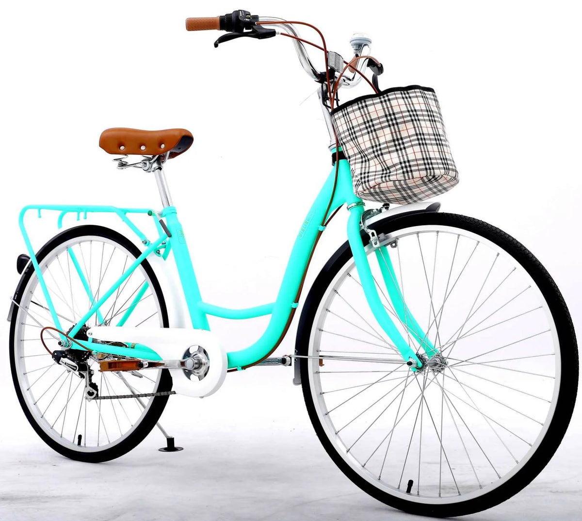 24 Inch 7 Speed Step Through Comfort Cruiser Bike with Basket Mint Green T598