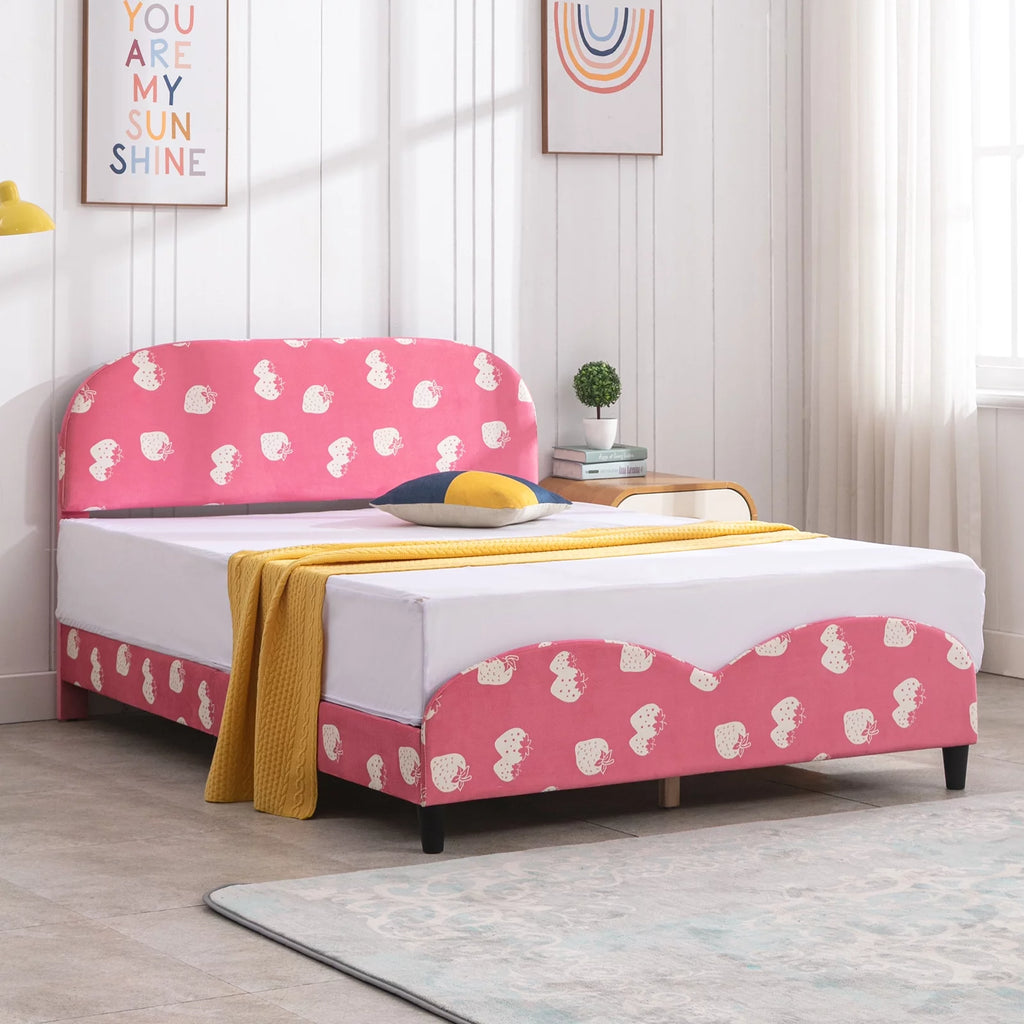 Pink Kids Twin Bed Frame with Upholstered Headboard and Footboard V21059