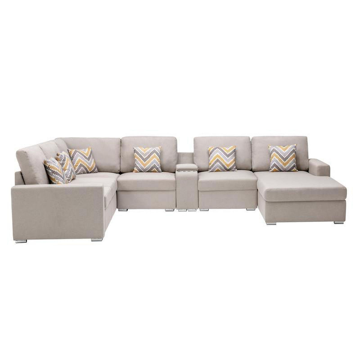 Beige Fabric Reversible Sectional with Charging Port and Storage Console K1197