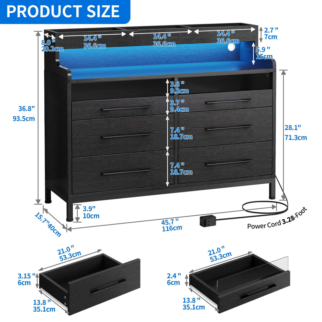 Black 6 Drawer Dresser with LED Light and Open Storage X295123