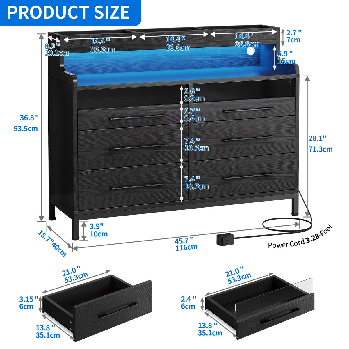 Black 6 Drawer Dresser with LED Light and Open Storage X295123