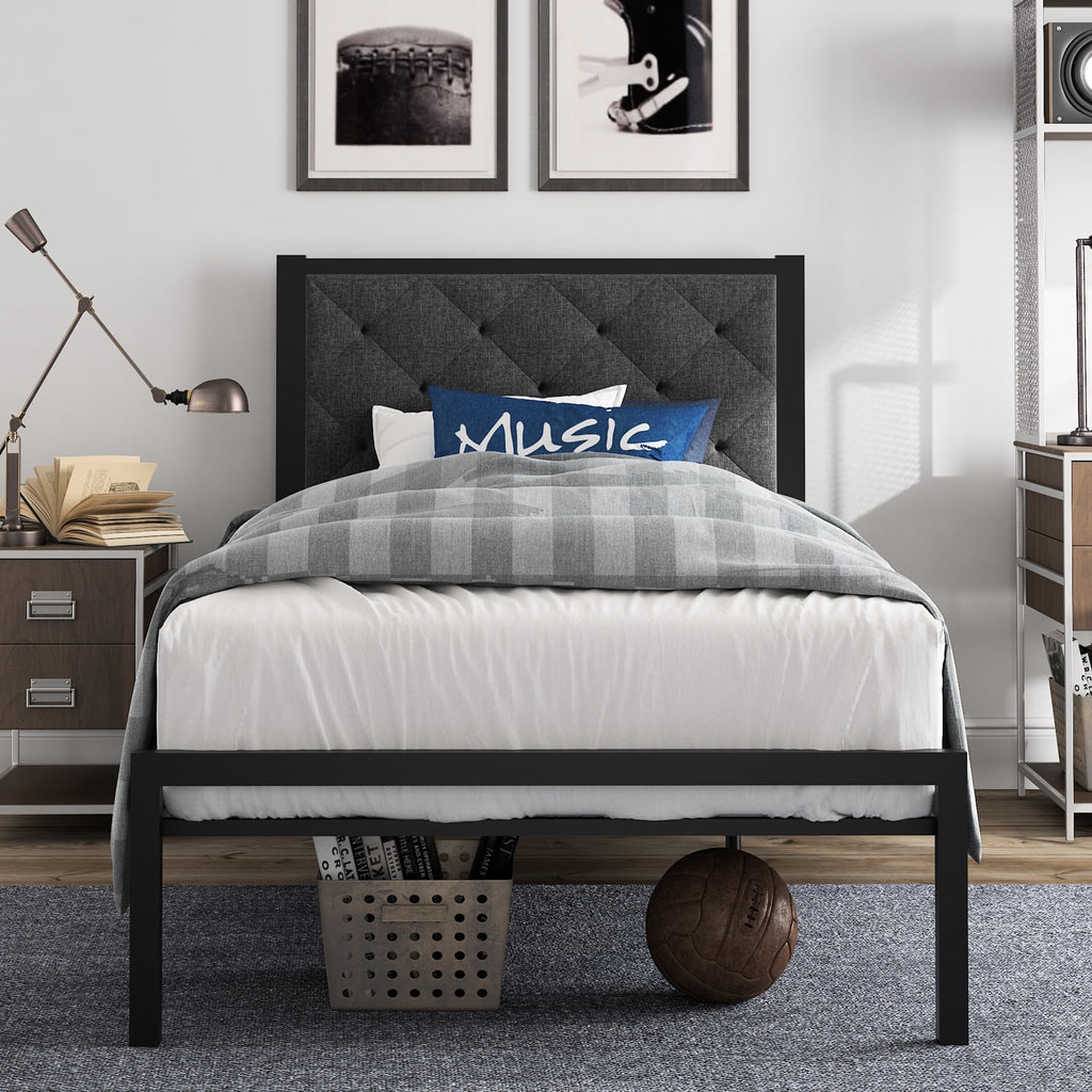 Twin Size Metal Bed Frame with Upholstered Headboard E187