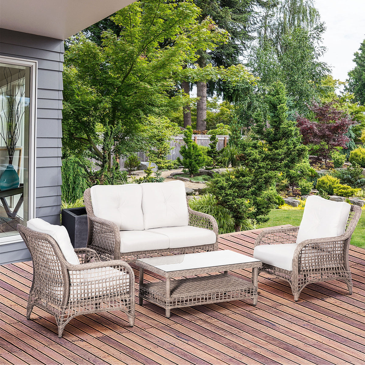 4pc Outdoor Patio Furniture Set with Rattan Chairs, Wicker Loveseat Sofa, Coffee Table and Cushions O7077
