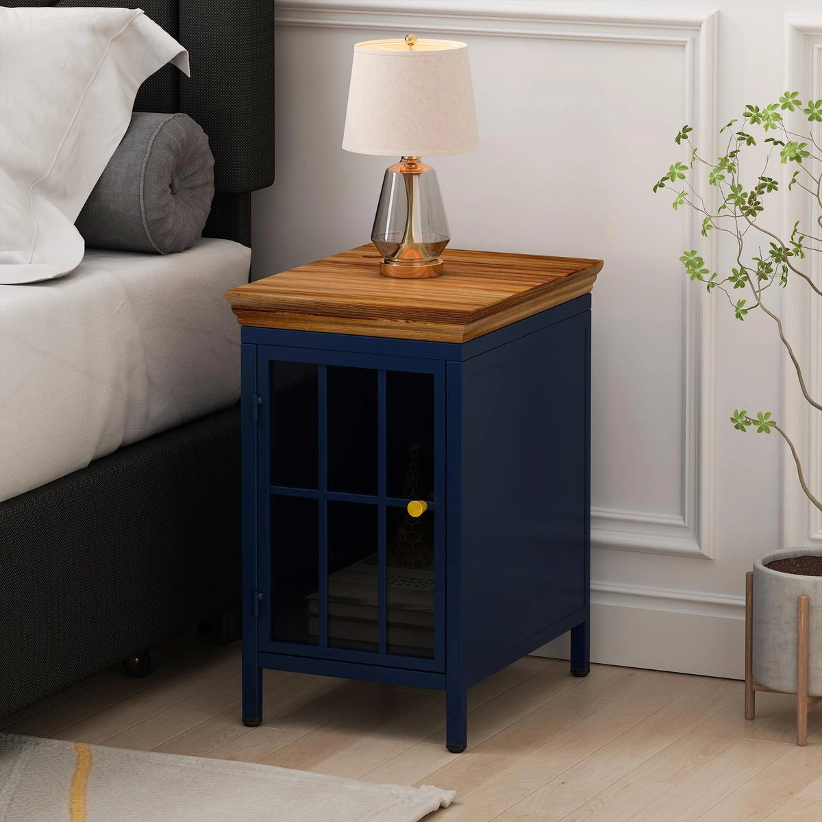 Nightstand with Storage Cabinet & Solid Wood Tabletop, Dark Blue N317
