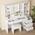 White Vanity Desk with Mirror and Lights 5 Drawers with Chair T88752
