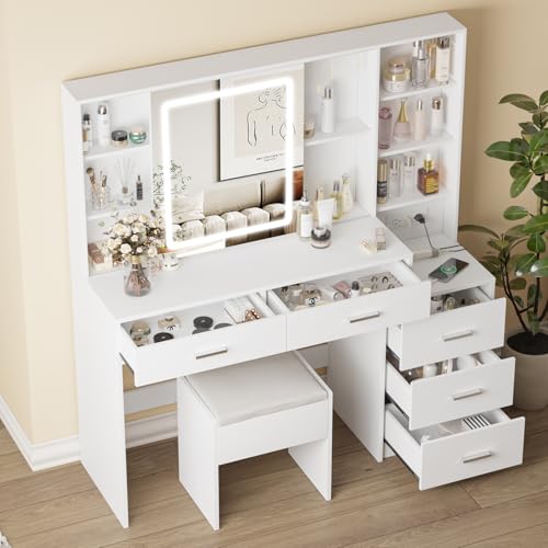 White Vanity Desk with Mirror and Lights 5 Drawers with Chair T88752