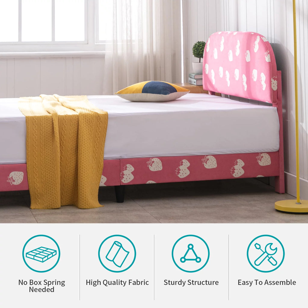 Pink Kids Twin Bed Frame with Upholstered Headboard and Footboard V21059