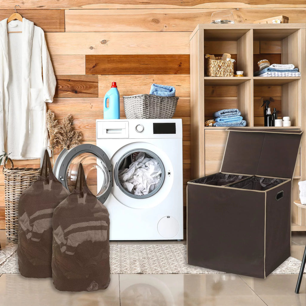 Brown Double Laundry Hamper with Lid and Removable Bags E76517
