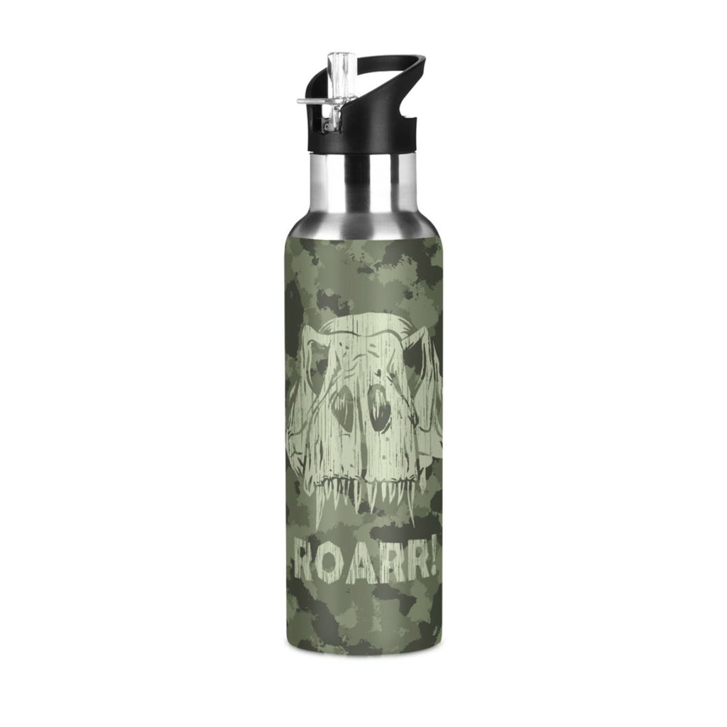 Green Camouflage Dinosaurs Stainless Steel Water Bottle with Straw Lid 20 OZ L741