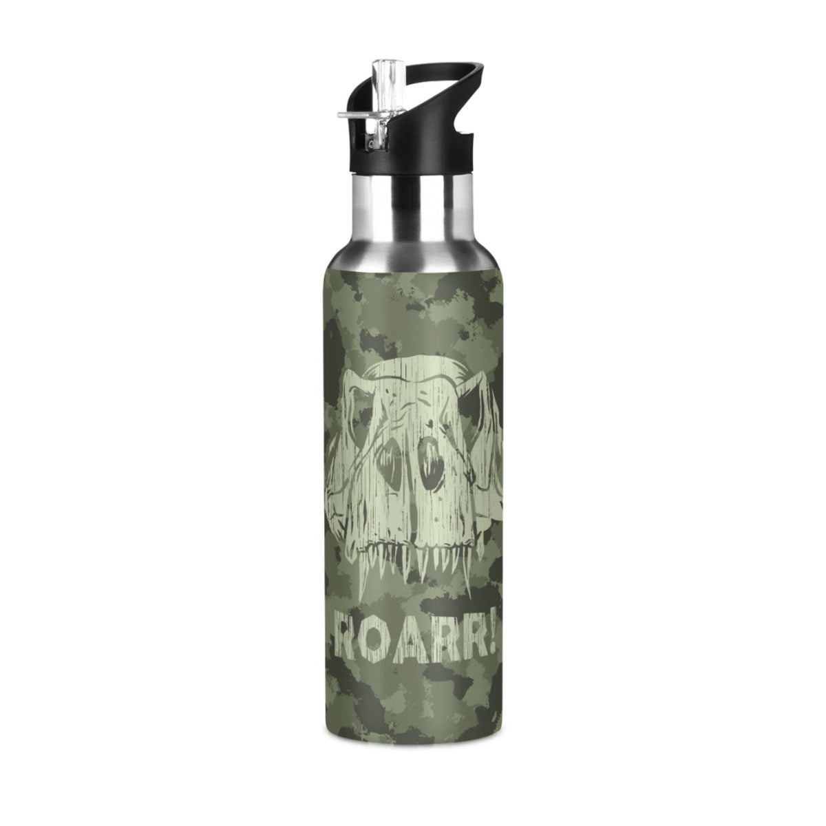 Green Camouflage Dinosaurs Stainless Steel Water Bottle with Straw Lid 20 OZ L741
